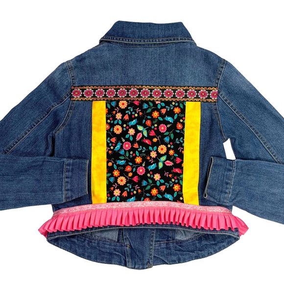 Route 66 Denim Jacket Jean Floral Blue Black Pink Ruffle Metallic Boho Large - Picture 9 of 16
